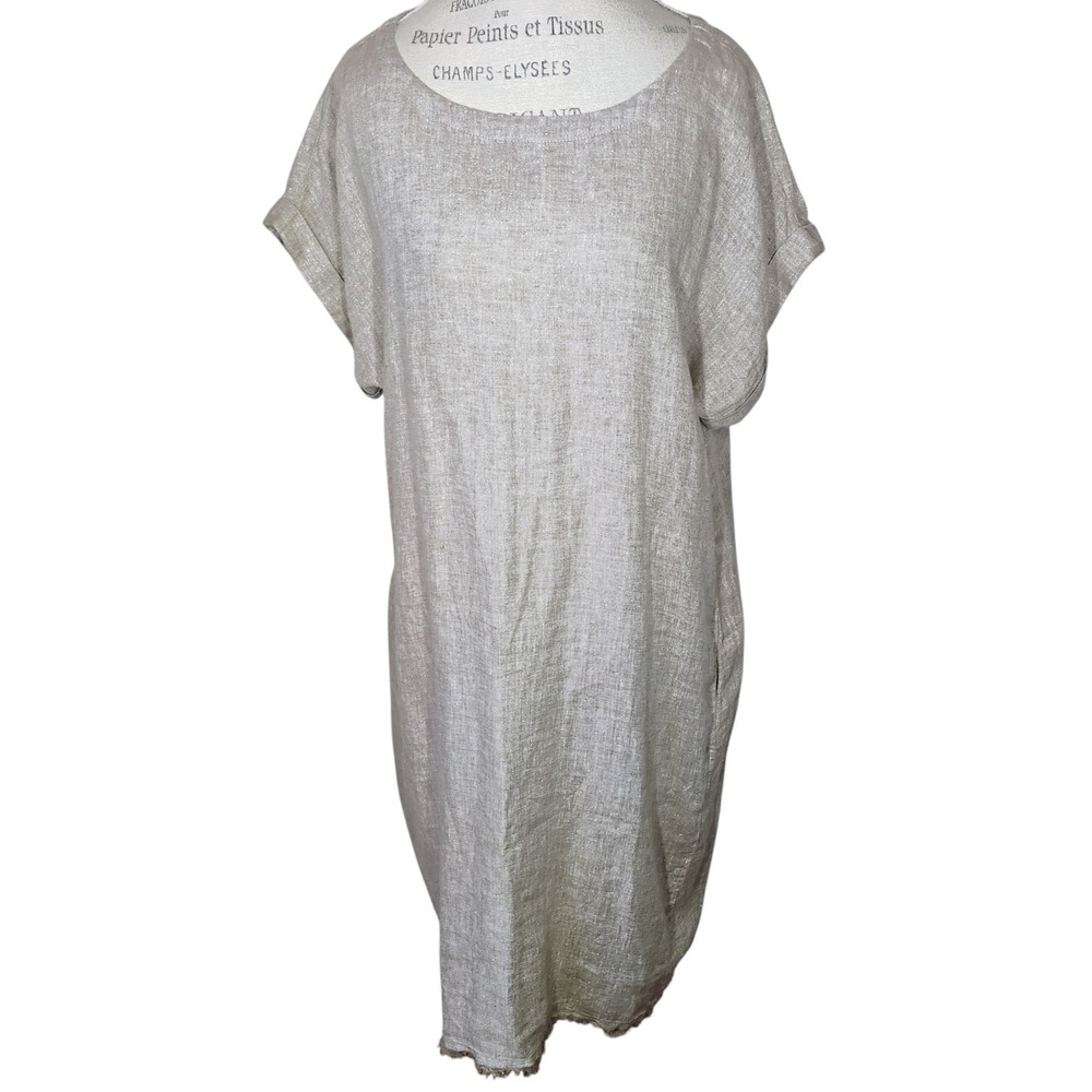 Magaschoni Linen Shimmer Sand Shift Dress XL Beige Minimalist Coastal Pockets